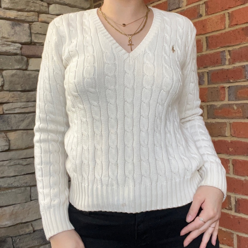 Ralph Lauren sport white knitted v neck long sleeve sweater